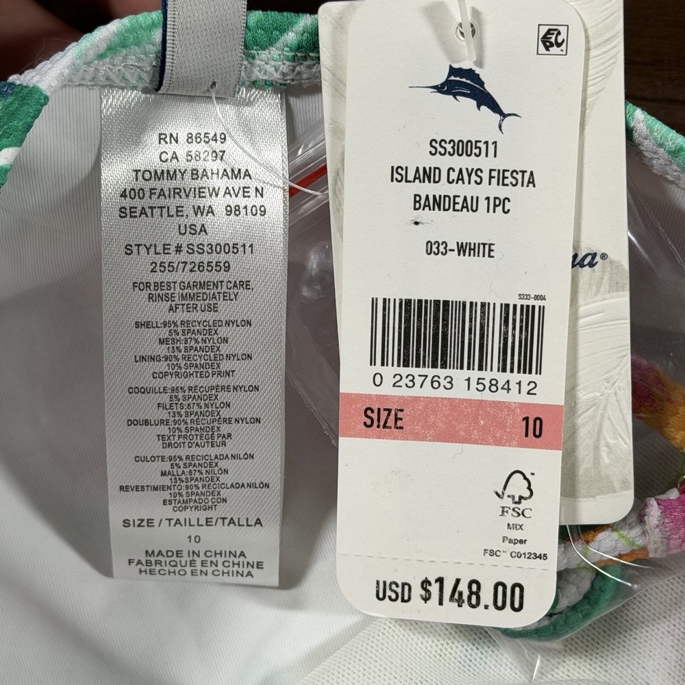 Tommy Bahama Size 10 Island Cays Fiesta Bandeau One Piece Swimsuit White Floral - Picture 7 of 12